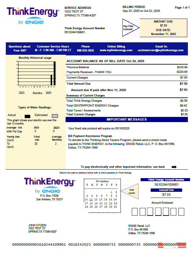 USA Think Energy utility bill template in Word and PDF formats, version 2
